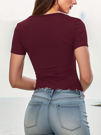 半袖ボディスーツ バーガンディ プリーツ Vネック カジュアル ポリエステル レディース トップス