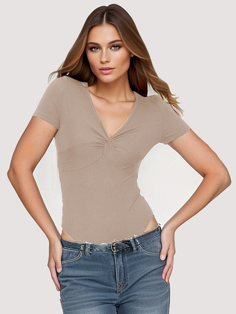 アプリコット半袖ボディスーツ バーガンディ プリーツ Vネック カジュアル ポリエステル レディース トップス