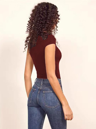 半袖ボディスーツ コーヒーブラウン ジュエルネック パイピング カジュアル ポリエステル レディース トップス