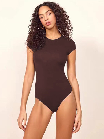 ブラウン 半袖ボディスーツ コーヒーブラウン ジュエルネック パイピング カジュアル ポリエステル レディース トップス