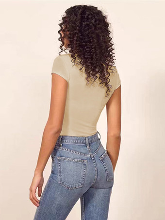 半袖ボディスーツ コーヒーブラウン ジュエルネック パイピング カジュアル ポリエステル レディース トップス