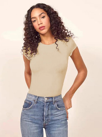 アプリコット半袖ボディスーツ コーヒーブラウン ジュエルネック パイピング カジュアル ポリエステル レディース トップス