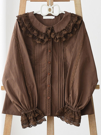 ブラウン ロココ風ロリータブラウス ロリータトップ パープル 長袖 レース フリル ロリータシャツ