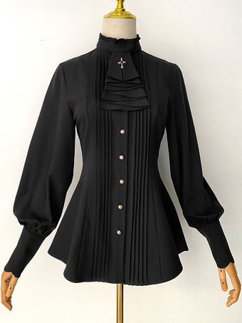 ブラック ゴシックロリータブラウス フリルロリータトップ 長袖ブラウス バーガンディロリータシャツ