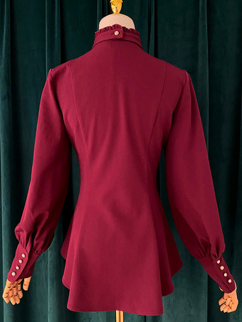 ゴシックロリータブラウス フリルロリータトップ 長袖ブラウス バーガンディロリータシャツ