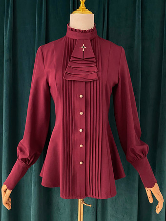 ゴシックロリータブラウス フリルロリータトップ 長袖ブラウス バーガンディロリータシャツ