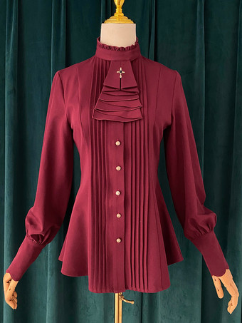 ワインレッド ゴシックロリータブラウス フリルロリータトップ 長袖ブラウス バーガンディロリータシャツ