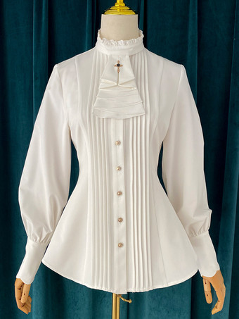 ホワイト ゴシックロリータブラウス フリルロリータトップ 長袖ブラウス バーガンディロリータシャツ