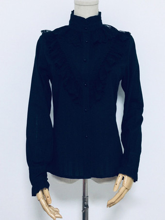 ブラック ゴシックロリータブラウス ロリータトップ フリル 長袖ブラウス ストライプ ホワイトロリータシャツ