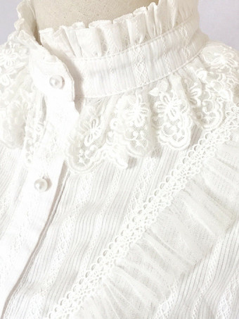 ゴシックロリータブラウス ロリータトップ フリル 長袖ブラウス ストライプ ホワイトロリータシャツ