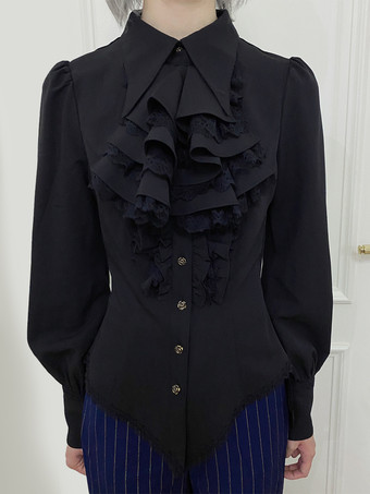 ブラック スチームパンク ロリータ ブラウス フリル レース ロリータ トップス 長袖 ブラウス ブルー ロリータ シャツ