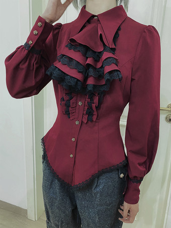 スチームパンク ロリータ ブラウス フリル レース ロリータ トップス 長袖 ブラウス ブルー ロリータ シャツ