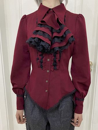 ワインレッド スチームパンク ロリータ ブラウス フリル レース ロリータ トップス 長袖 ブラウス ブルー ロリータ シャツ