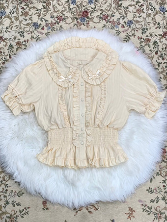 スイートロリータブラウス エクリュホワイトロリータトップス 半袖 プリーツフリルロリータシャツ