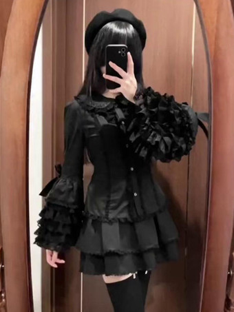 原宿ファッション ロリータ ブラウス ロリータ トップス ホワイト 長袖 レース リボン ロリータ シャツ