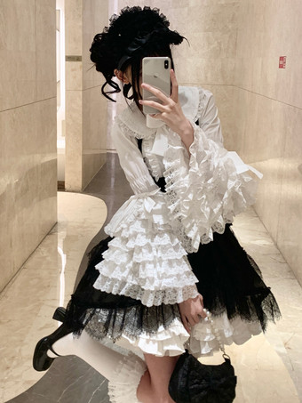 原宿ファッション ロリータ ブラウス ロリータ トップス ホワイト 長袖 レース リボン ロリータ シャツ