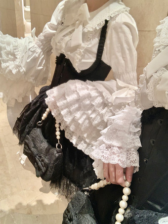 原宿ファッション ロリータ ブラウス ロリータ トップス ホワイト 長袖 レース リボン ロリータ シャツ