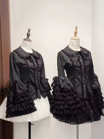 ブラック 原宿ファッション ロリータ ブラウス ロリータ トップス ホワイト 長袖 レース リボン ロリータ シャツ