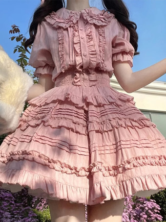 ピンクスイートロリータブラウス エクリュホワイトロリータトップス 半袖 プリーツフリルロリータシャツ