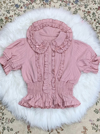 スイートロリータブラウス エクリュホワイトロリータトップス 半袖 プリーツフリルロリータシャツ