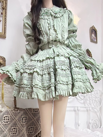 グリーン スイートロリータブラウス エクリュホワイトロリータトップス 半袖 プリーツフリルロリータシャツ