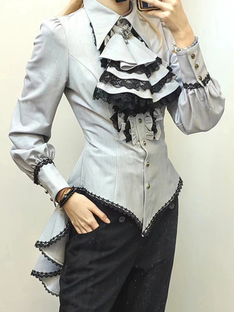 ライトグレー スチームパンク ロリータ ブラウス フリル レース ロリータ トップス 長袖 ブラウス ブルー ロリータ シャツ