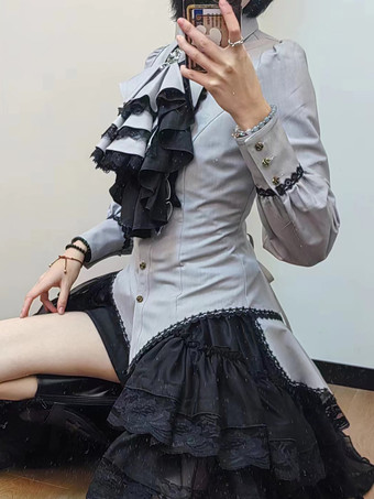 スチームパンク ロリータ ブラウス フリル レース ロリータ トップス 長袖 ブラウス ブルー ロリータ シャツ