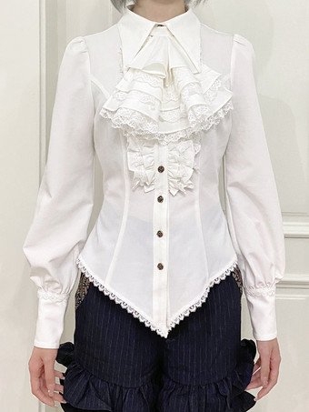 ホワイト スチームパンク ロリータ ブラウス フリル レース ロリータ トップス 長袖 ブラウス ブルー ロリータ シャツ