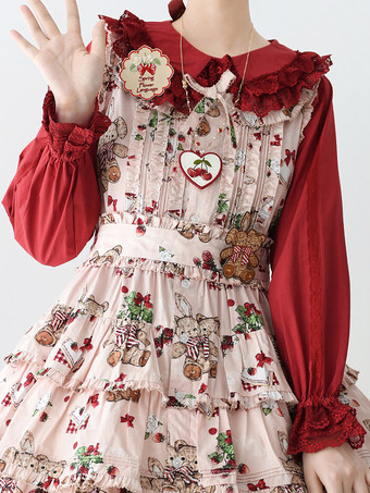 ワインレッド ロココ風ロリータブラウス ロリータトップ パープル 長袖 レース フリル ロリータシャツ