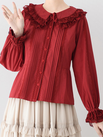 ロココ風ロリータブラウス ロリータトップ パープル 長袖 レース フリル ロリータシャツ