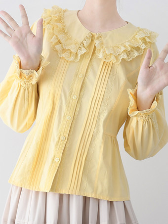 イエローロココ風ロリータブラウス ロリータトップ パープル 長袖 レース フリル ロリータシャツ