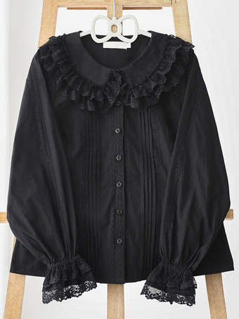ブラック ロココ風ロリータブラウス ロリータトップ パープル 長袖 レース フリル ロリータシャツ
