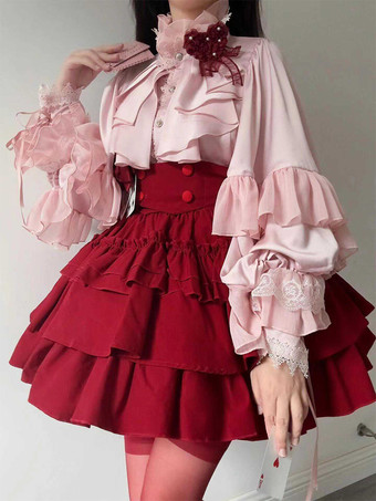 ピンクゴシックロリータブラウス ロリータトップス ホワイト 長袖 フリル ロリータシャツ