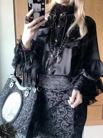 ブラック ゴシックロリータブラウス ロリータトップス ホワイト 長袖 フリル ロリータシャツ
