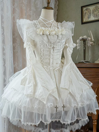 ホワイト ゴシックロリータブラウス フリル レースアップ 半袖ブラウス ロリータトップ 黒ロリータシャツ