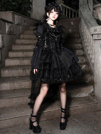 ブラック ゴシックロリータブラウス フリル レースアップ 半袖ブラウス ロリータトップ 黒ロリータシャツ