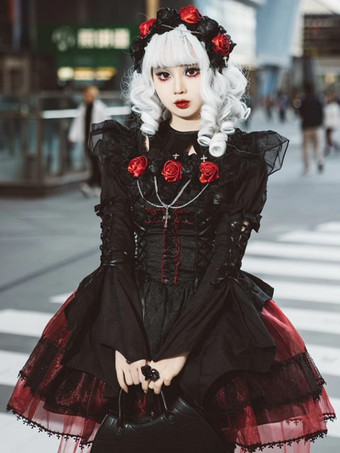 ゴシックロリータブラウス フリル レースアップ 半袖ブラウス ロリータトップ 黒ロリータシャツ