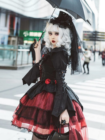 ゴシックロリータブラウス フリル レースアップ 半袖ブラウス ロリータトップ 黒ロリータシャツ