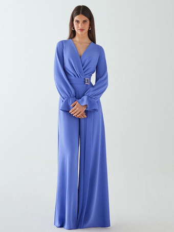 イブニングドレス ジャンプスーツ Vネック フロアレングス サッシュ 社交パーティードレス