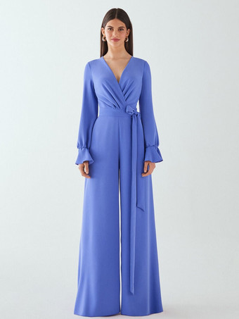 イブニングドレス ジャンプスーツ Vネック フロアレングス サッシュ 社交パーティードレス