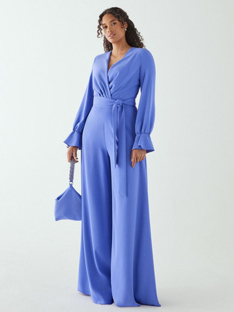 ブルーイブニングドレス ジャンプスーツ Vネック フロアレングス サッシュ 社交パーティードレス