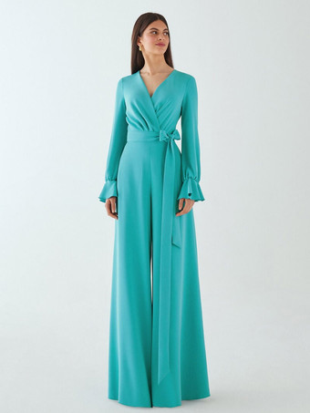 ターコイズグリーンイブニングドレス ジャンプスーツ Vネック フロアレングス サッシュ 社交パーティードレス