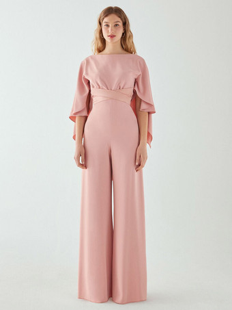 サーモンピンクイブニングドレス ジャンプスーツ ジュエルネック ストレッチ クレープ フロアレングス サッシュ フォーマル ディナードレス