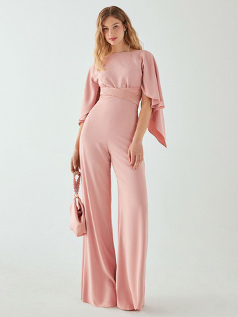 イブニングドレス ジャンプスーツ ジュエルネック ストレッチ クレープ フロアレングス サッシュ フォーマル ディナードレス