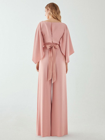 イブニングドレス ジャンプスーツ ジュエルネック ストレッチ クレープ フロアレングス サッシュ フォーマル ディナードレス