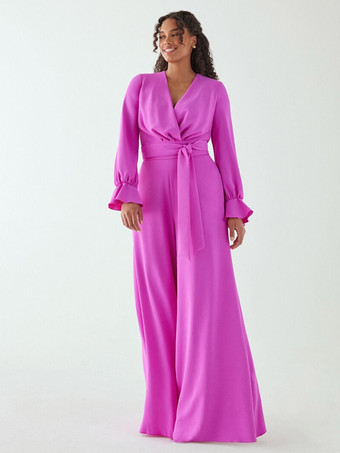 イブニングドレス ジャンプスーツ Vネック フロアレングス サッシュ 社交パーティードレス