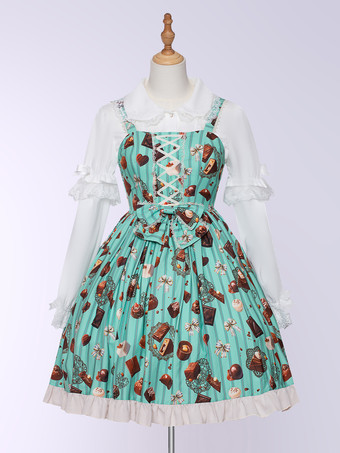 JSK Mintgrünes Lolita-Kleid mit Schokoladenkuchen-Aufdruck ärmelloses süßes Lolita-Kleid aus Polyester