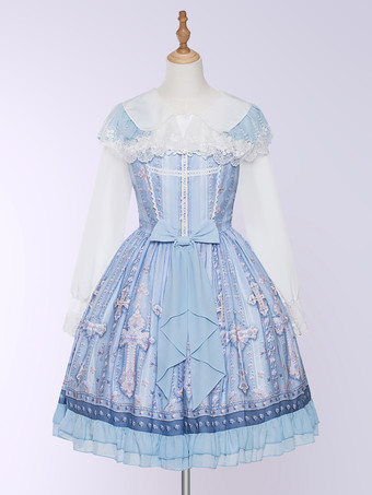 JSK Cross Print Light Blue Sweet Lolita Dress Polyester Sleeveless Elegant Lolita Dress JSK