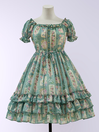 Süßes Lolita-Kleid im Tea-Party-Stil aus Polyester mit kurzen Ärmeln grünes Lolita-Kleid