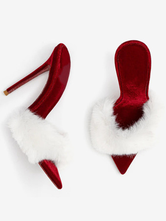 レッド レディース セクシー スライドサンダル フェイクファー オープントゥ ハイヒール ミュール